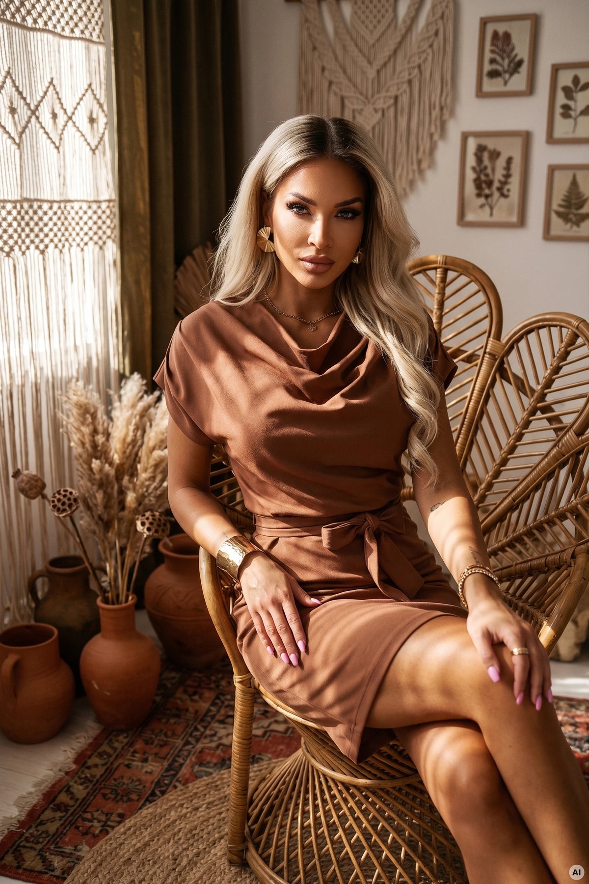 ROXI Comfortable dress with an asymmetric skirt and belt – Chocolate Brown