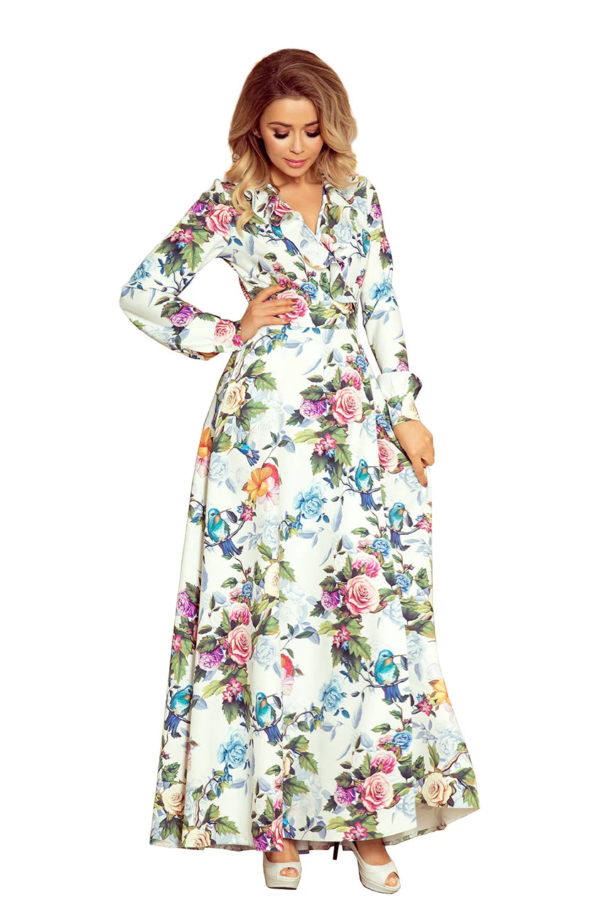 Long dress with frill and cleavage – Colorful Roses And Blue Birds
