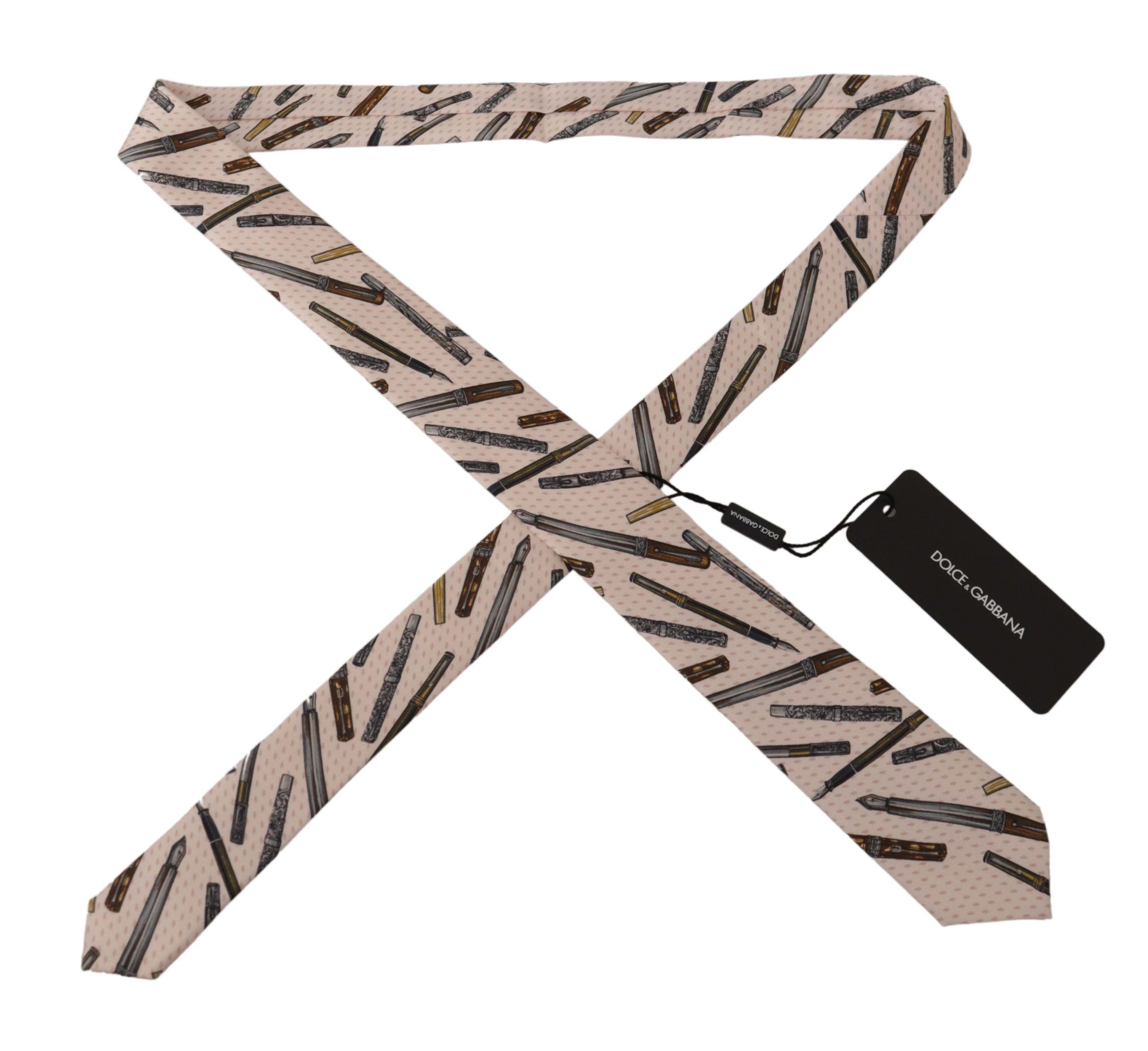 Růžová nastavitelná kravata s potiskem pera a puntíky ze 100% hedvábí