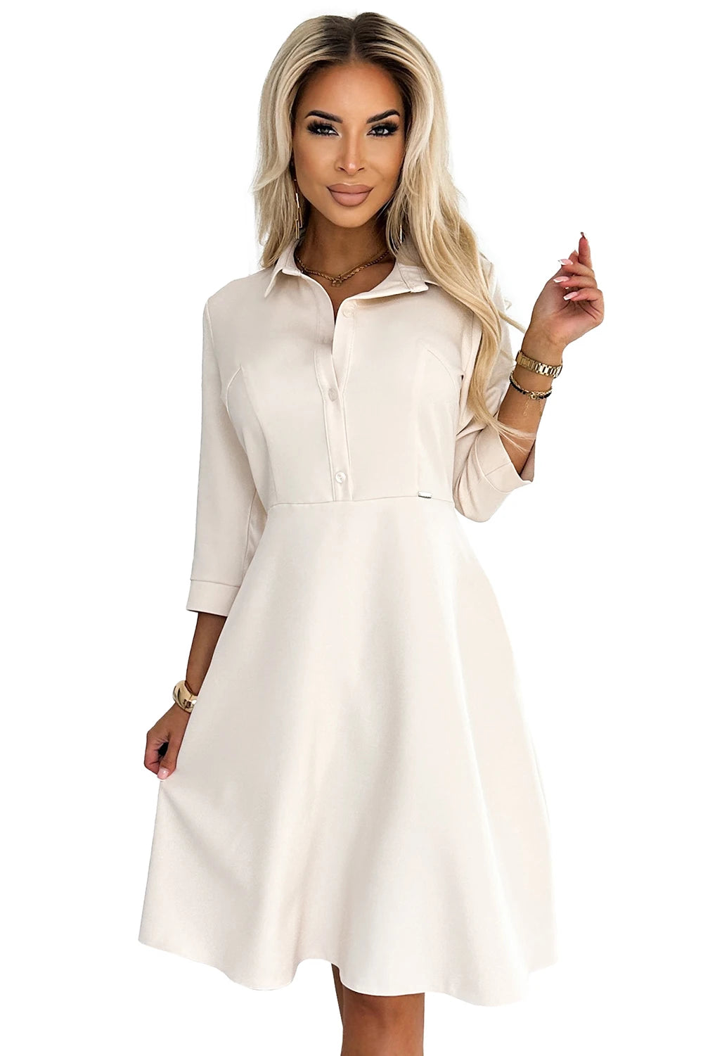SANDY Flared shirt dress with a belt – Beige