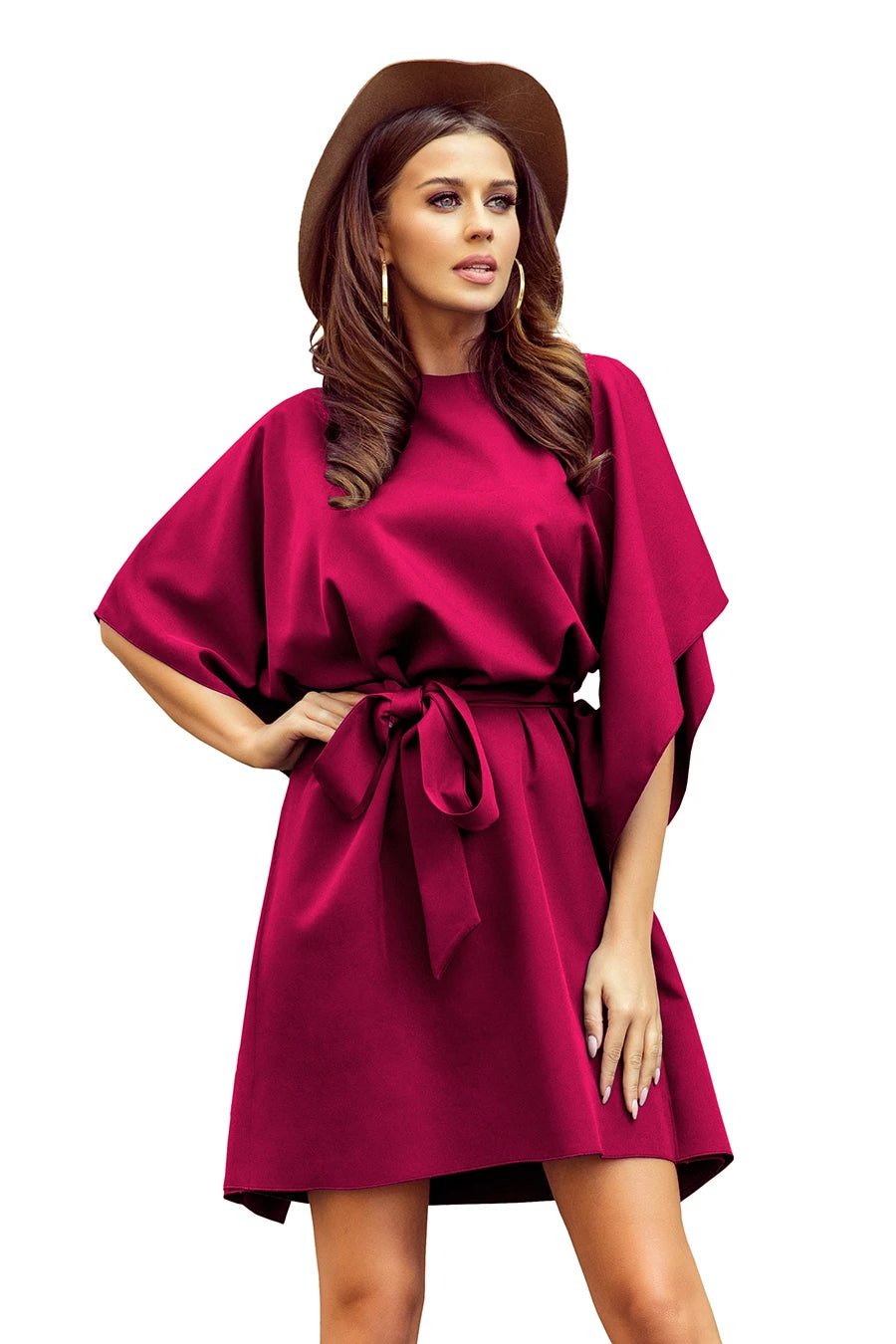 SOFIA Butterfly dress with a binding at the waist – Burgundy Color