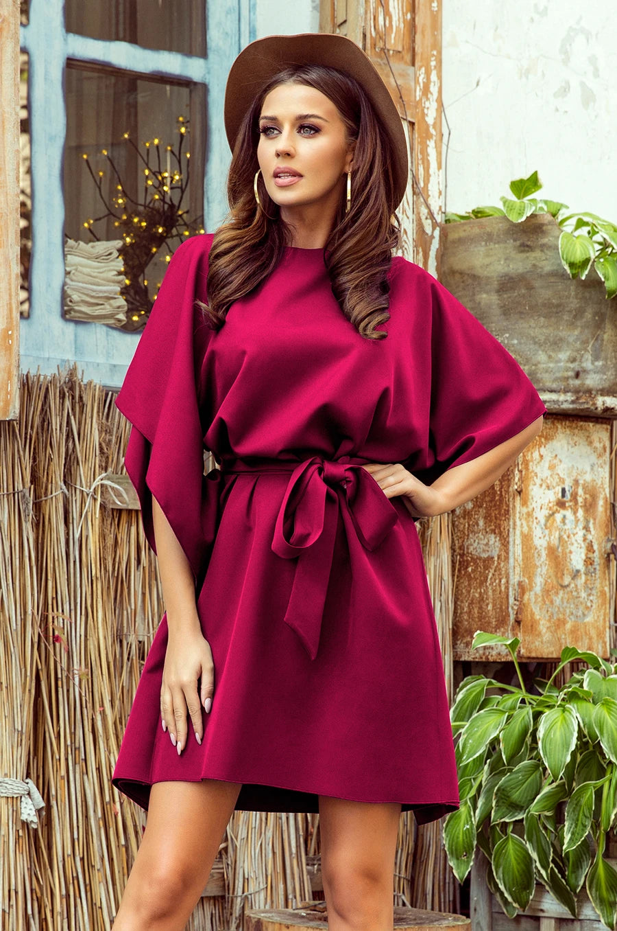 SOFIA Butterfly dress with a binding at the waist – Burgundy Color