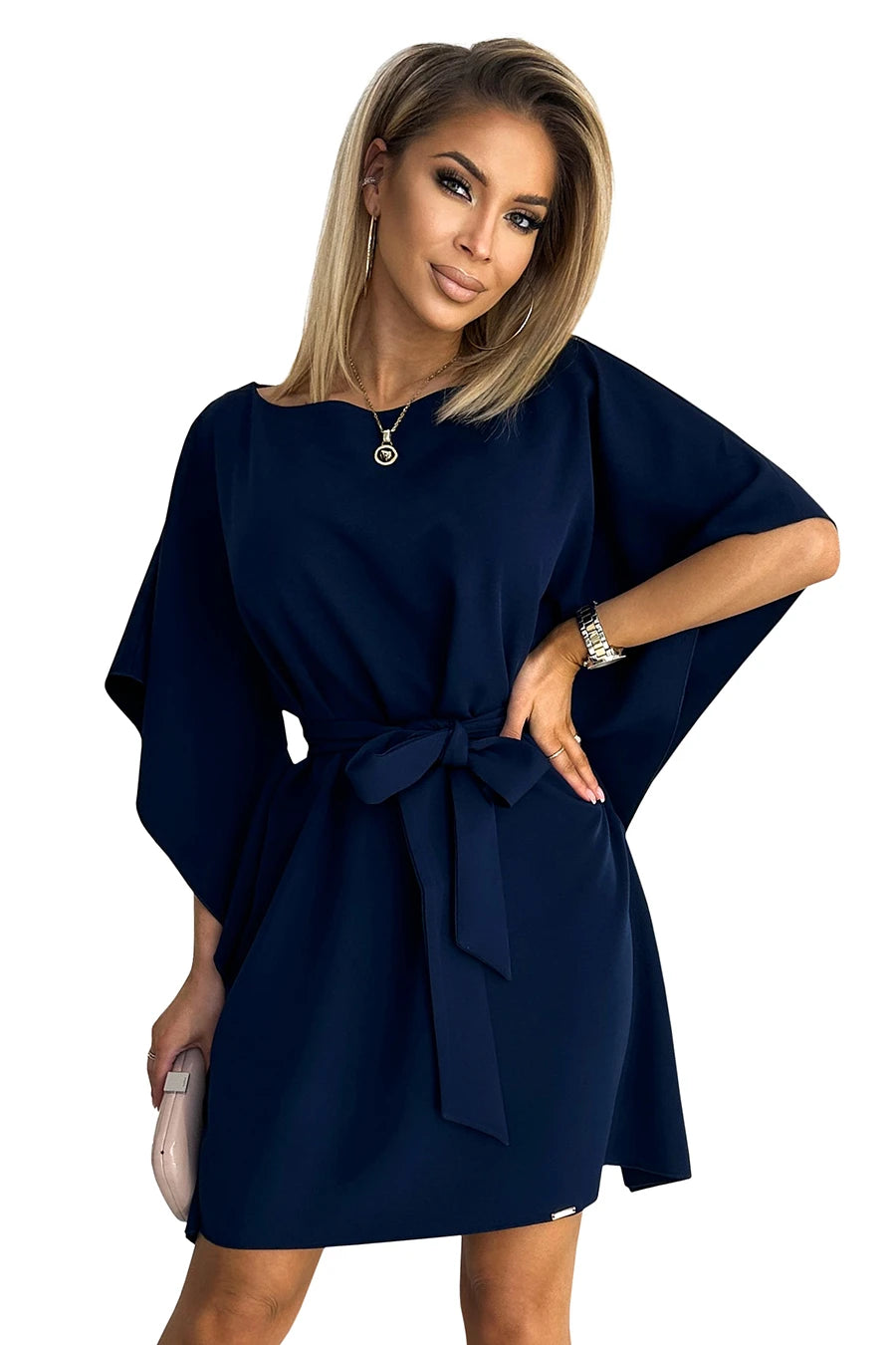 SOFIA Butterfly dress with a binding at the waist – Navy Blue
