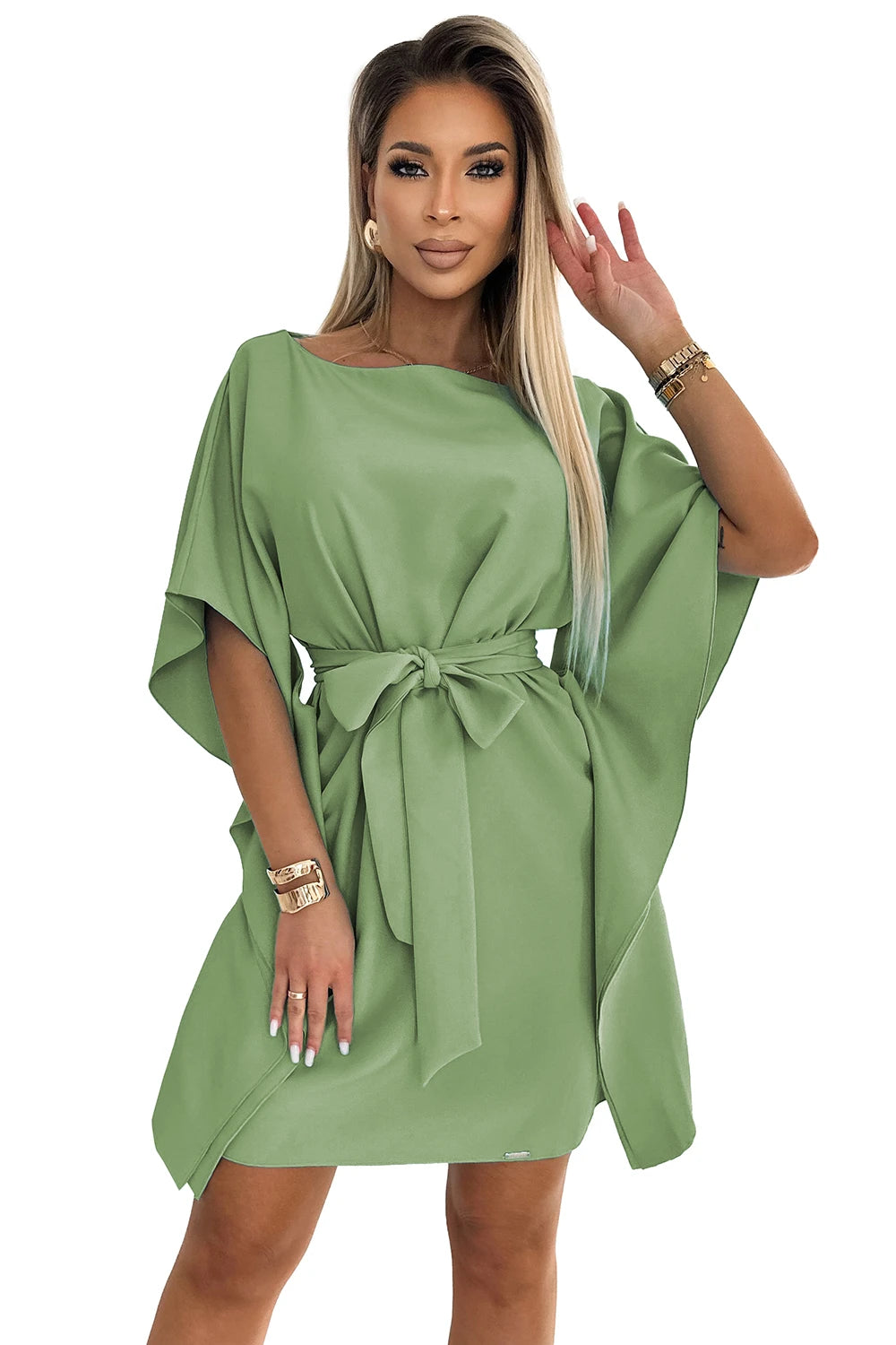 SOFIA Butterfly dress with a binding at the waist – Olive Color