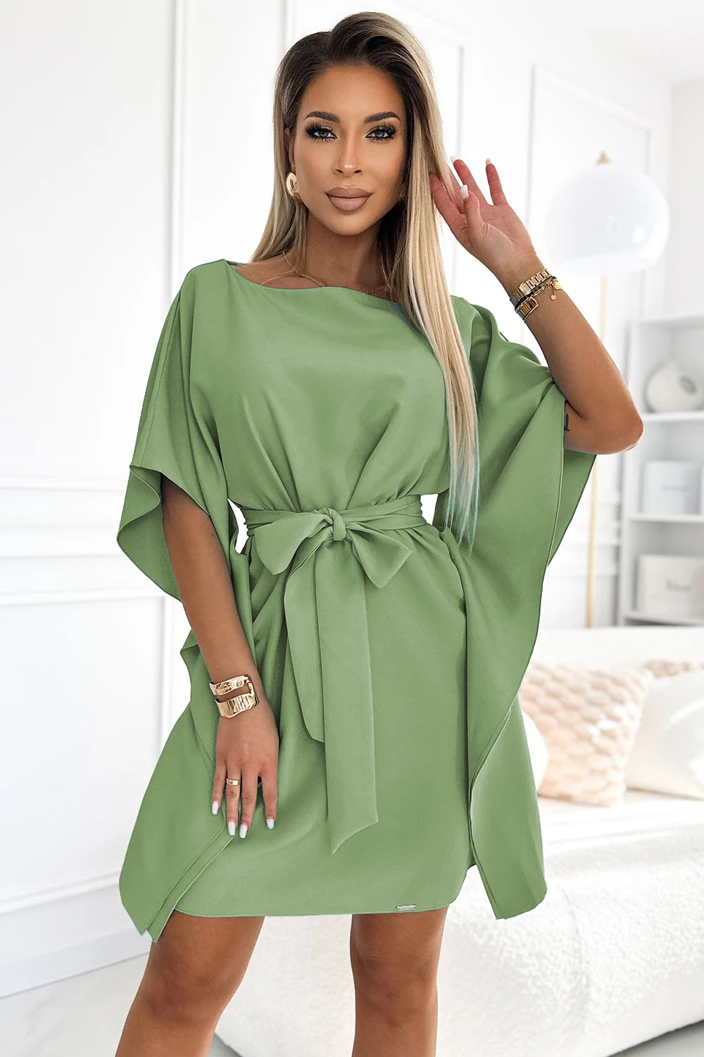 SOFIA Butterfly dress with a binding at the waist – Olive Color