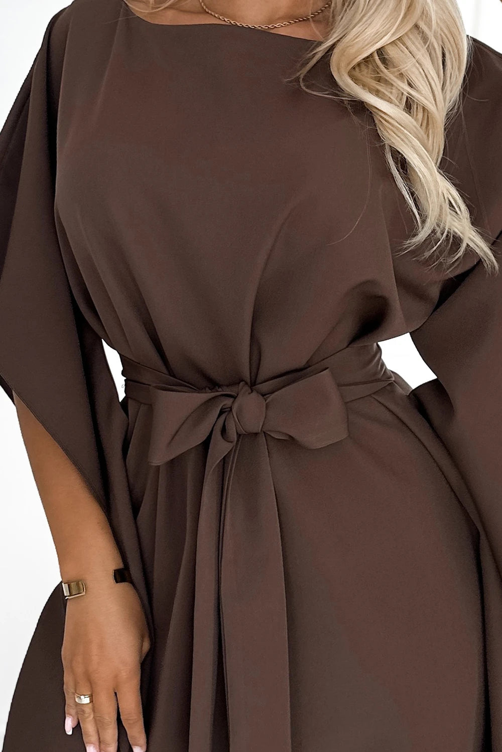 SOFIA Butterfly dress with a binding at the waist – Chocolate Color