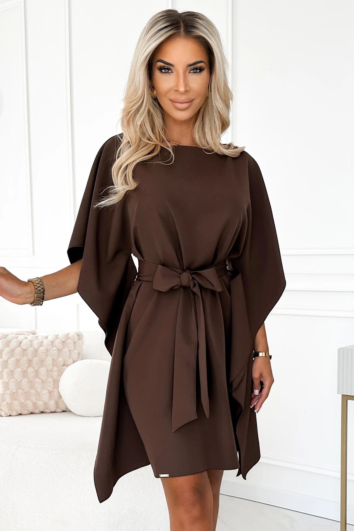 SOFIA Butterfly dress with a binding at the waist – Chocolate Color
