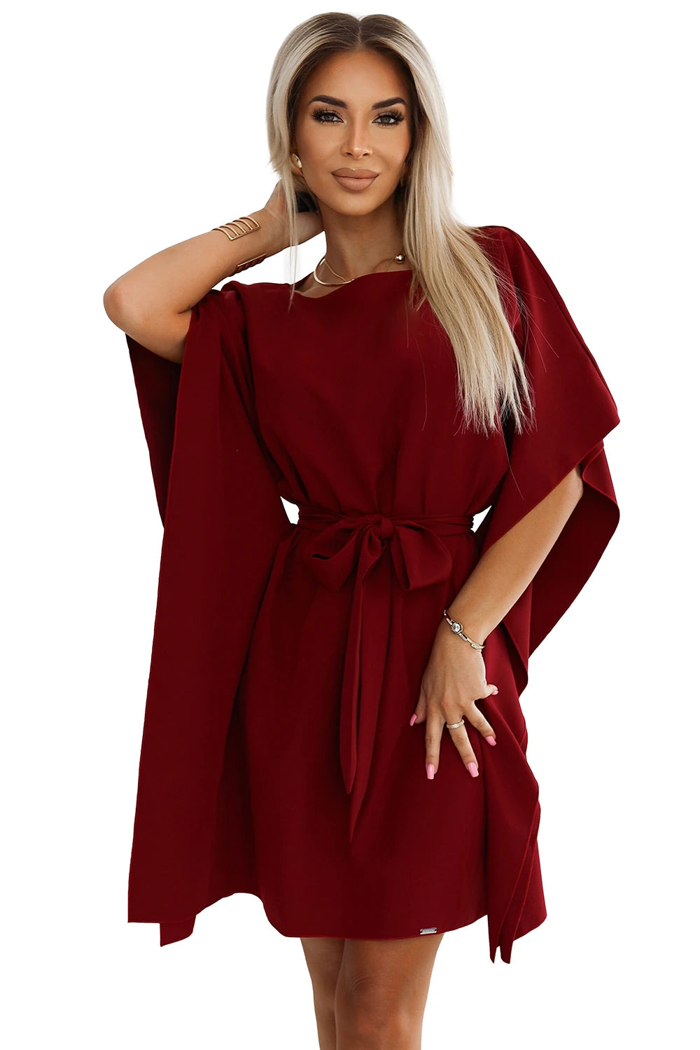 SOFIA Butterfly dress with a binding at the waist – Burgundy Color
