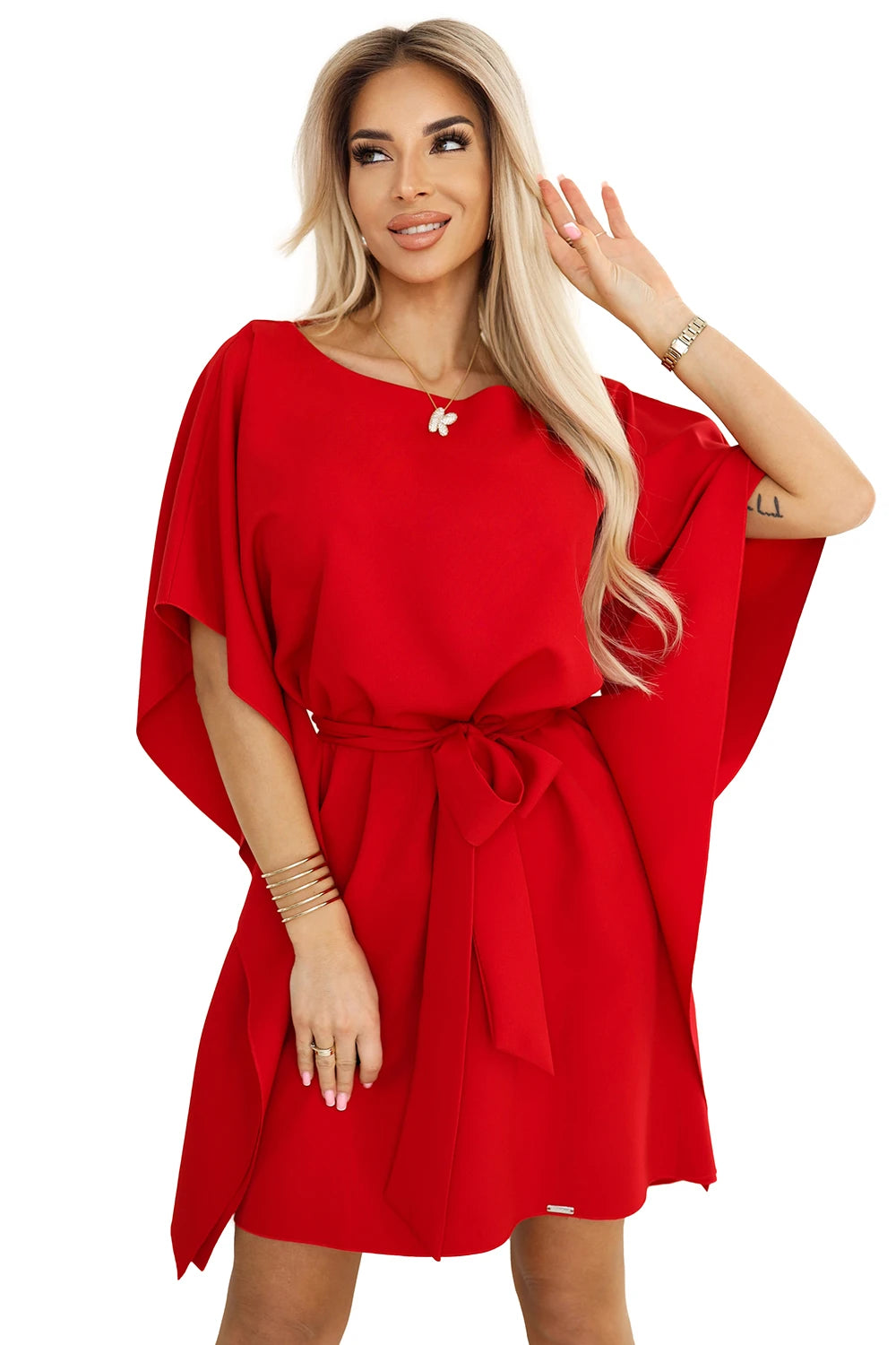 SOFIA Butterfly Dress with Waist Tie – Red