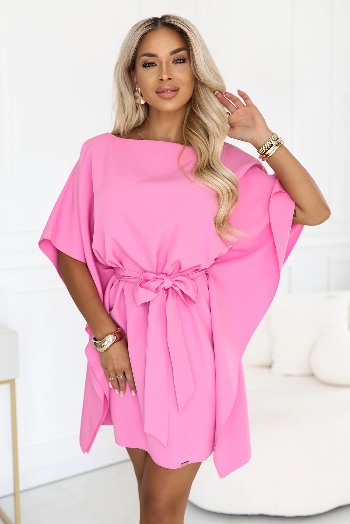 SOFIA Pink butterfly dress with a waist tie – Candy Pink