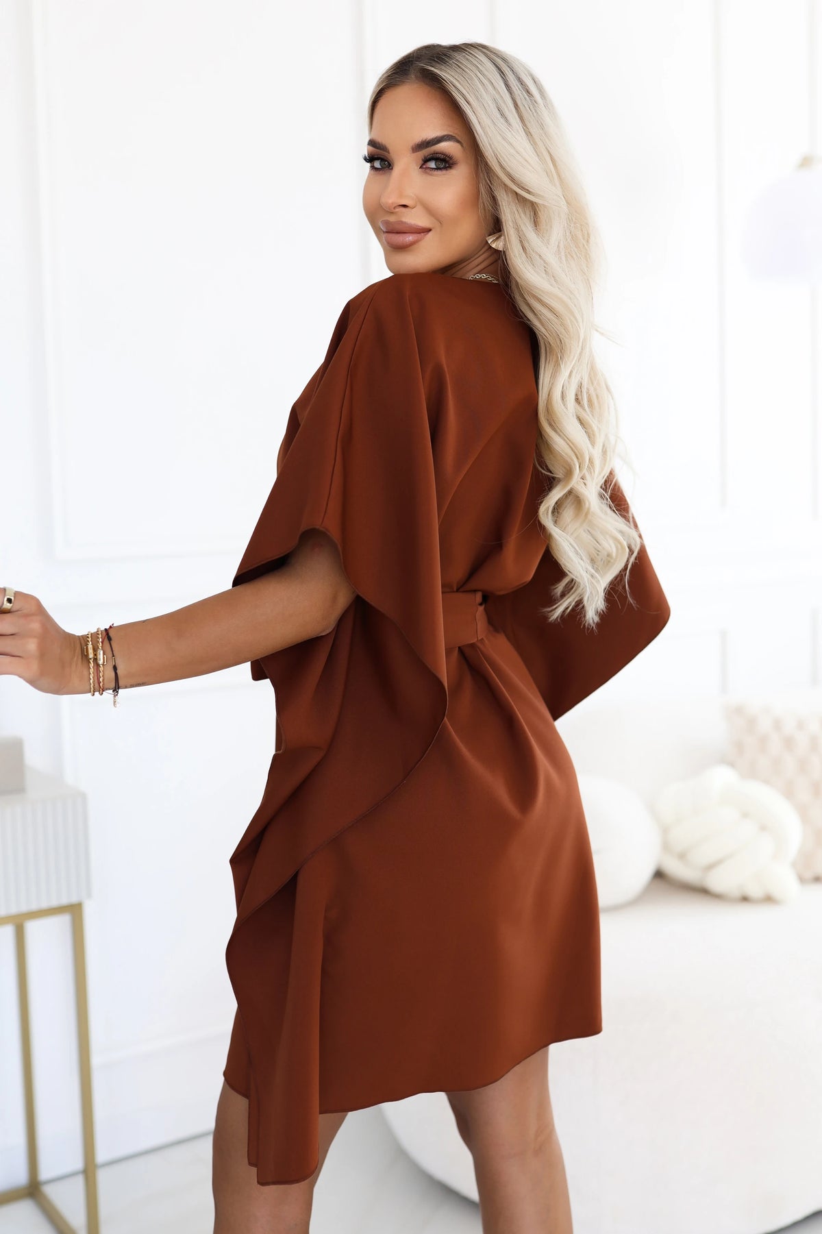 SOFIA Feminine butterfly-style dress with a waist tie – Cinnamon Brown