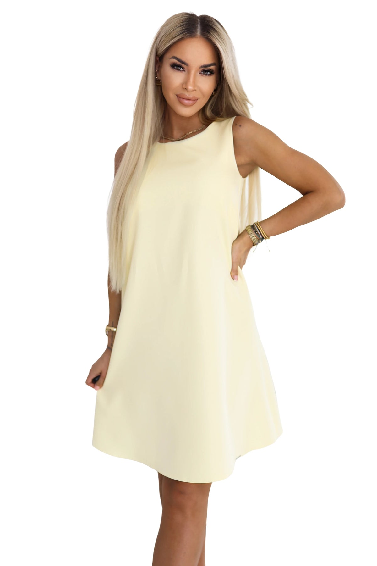 VICTORIA Sleeveless trapeze dress with a belt – Butter Yellow