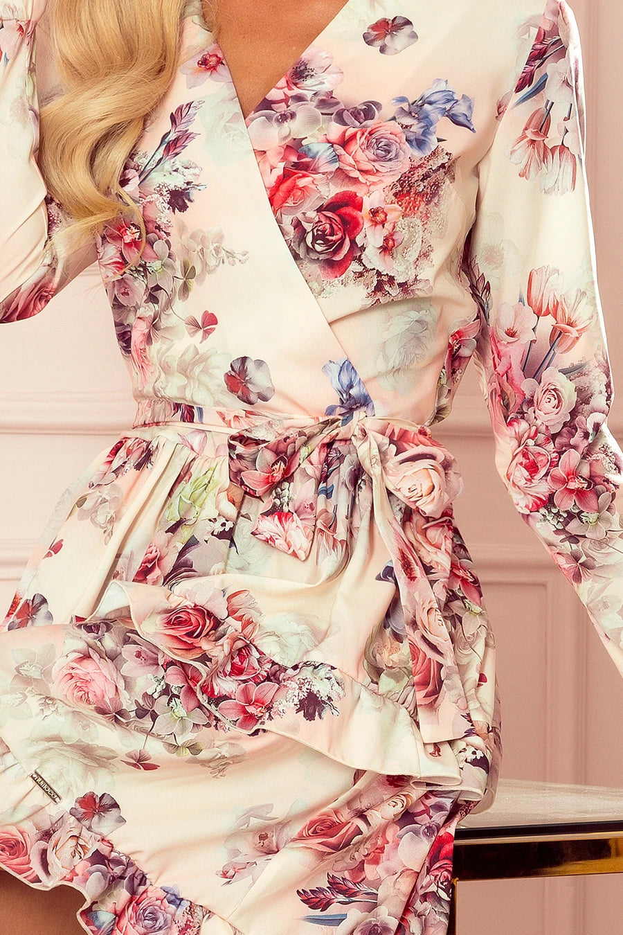 CAROLINE dress with frills and envelope neckline – Flowers On A Light Background