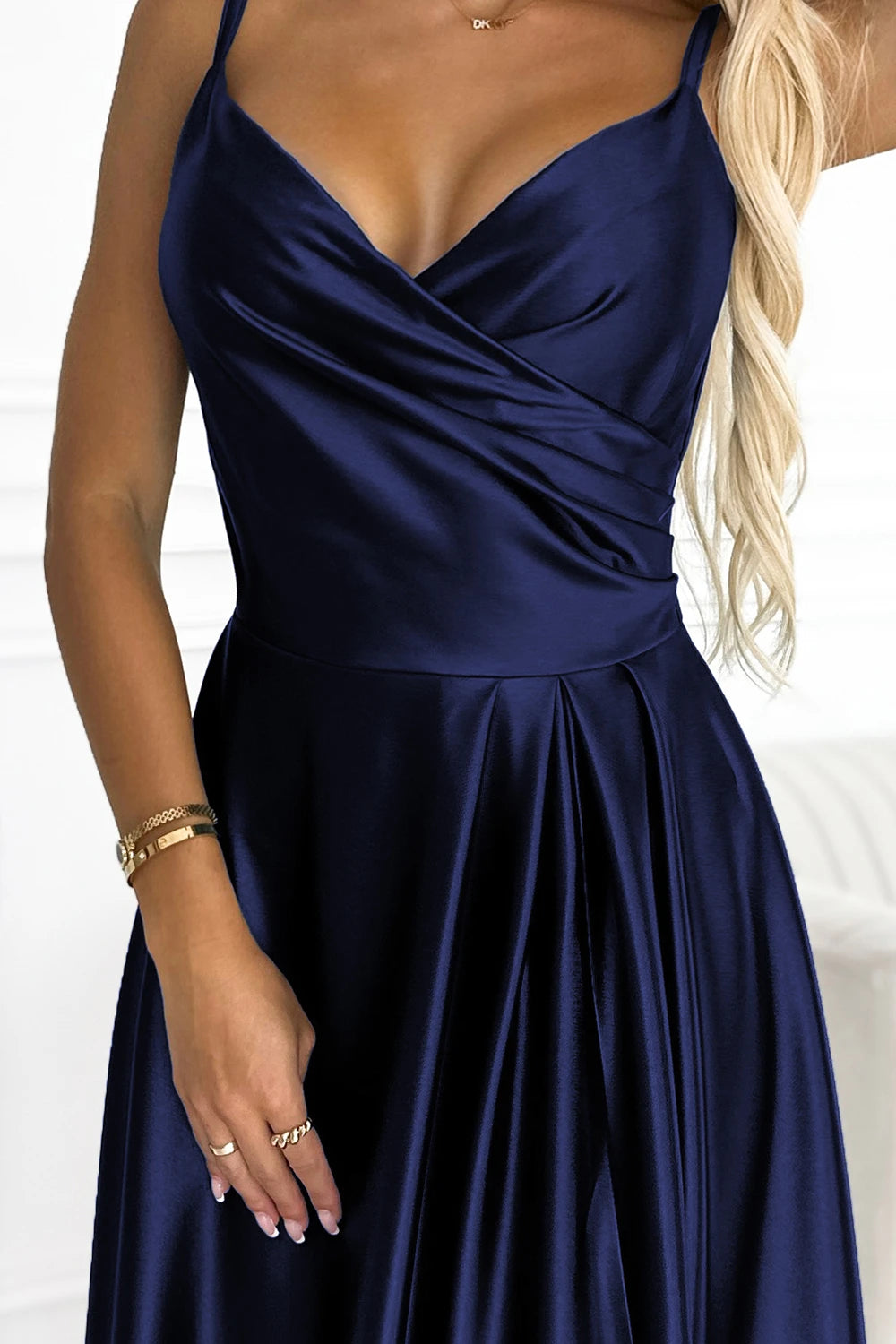 CHIARA elegant satin maxi dress with straps – Navy Blue