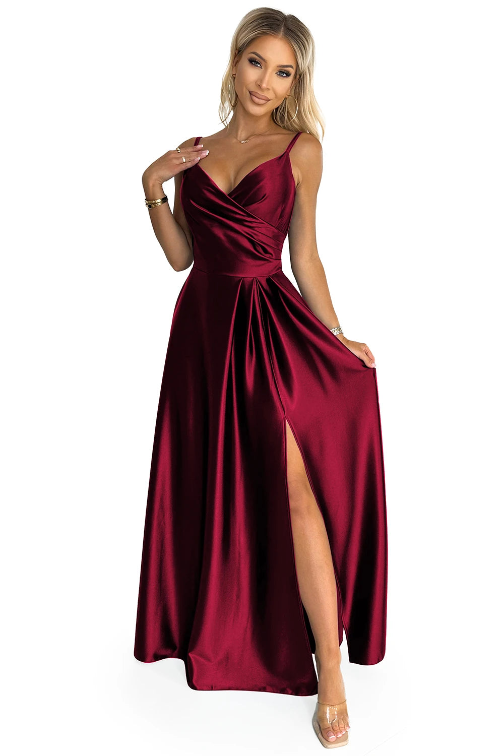 CHIARA elegant satin maxi dress with straps – Burgundy Color