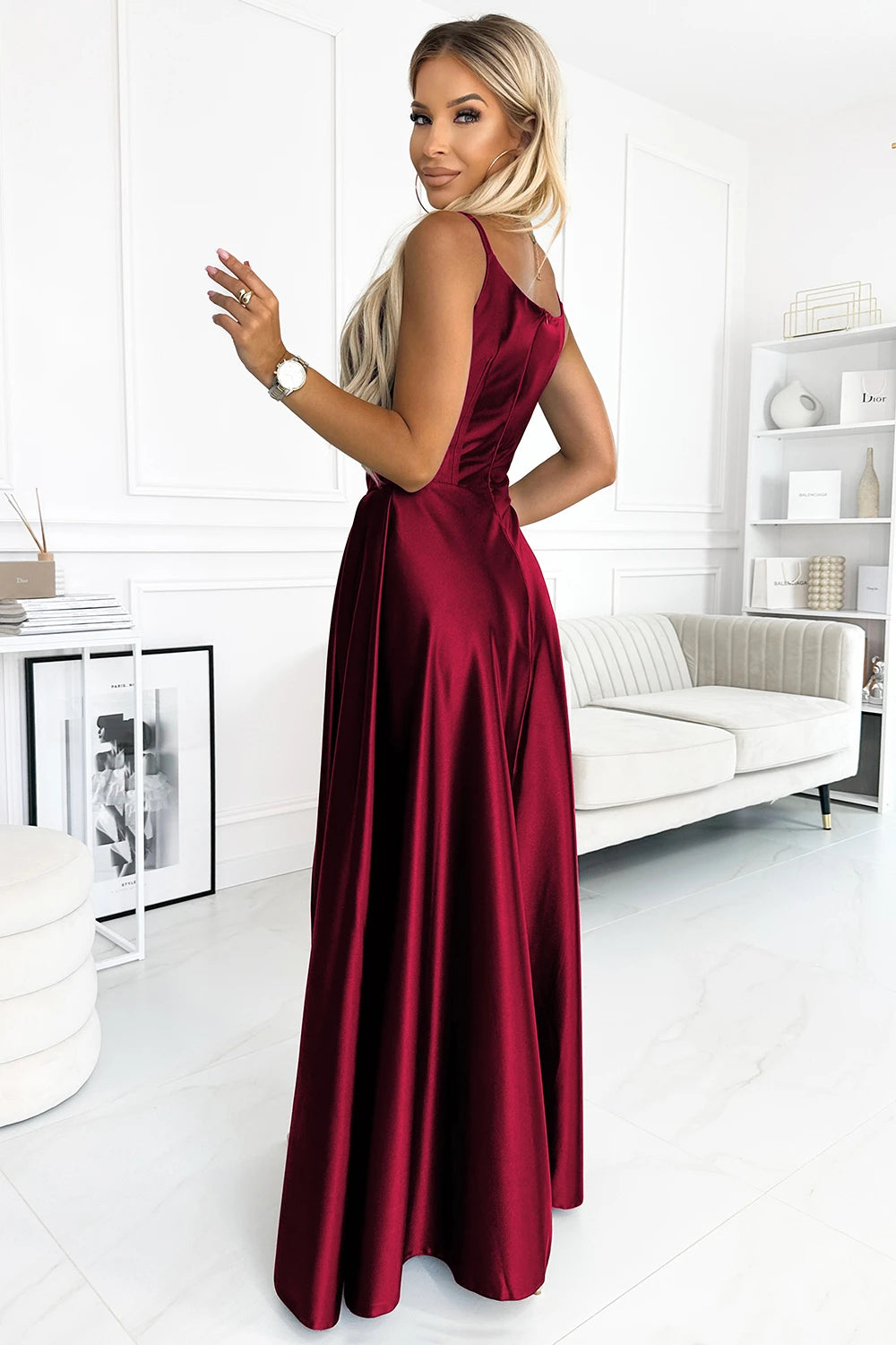 CHIARA elegant satin maxi dress with straps – Burgundy Color