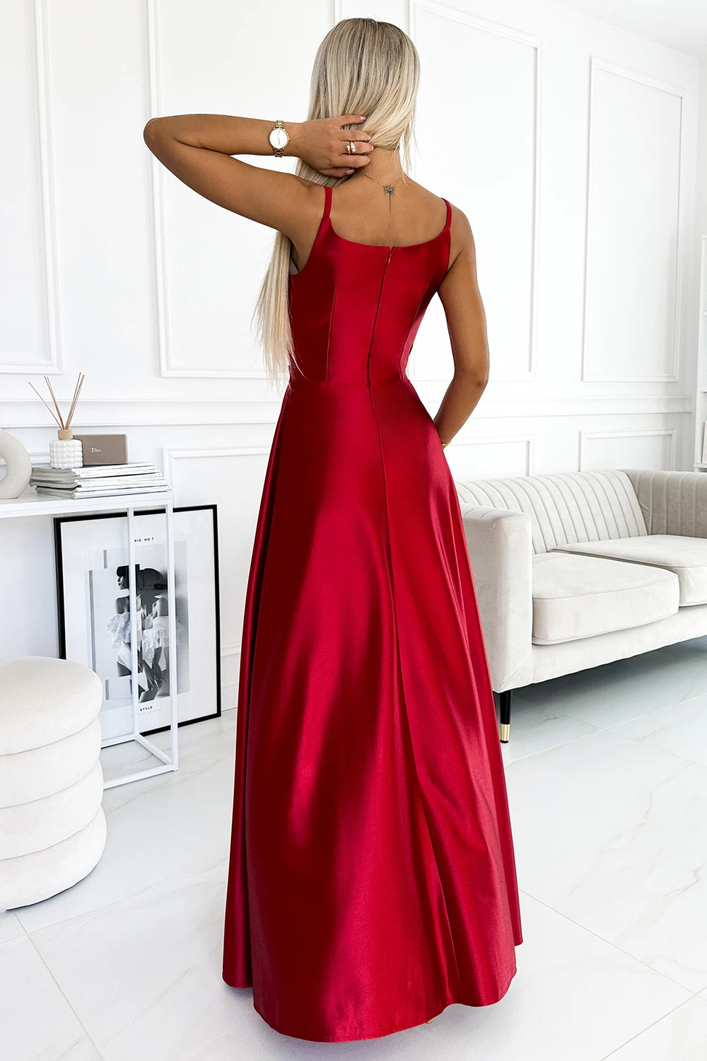 CHIARA elegant satin maxi dress with straps – Red Color