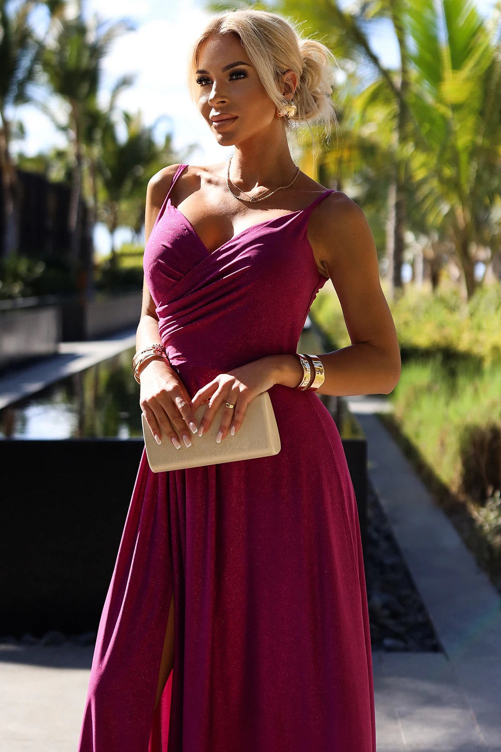 CHIARA elegant long maxi dress with straps – Fuchsia With Glitter