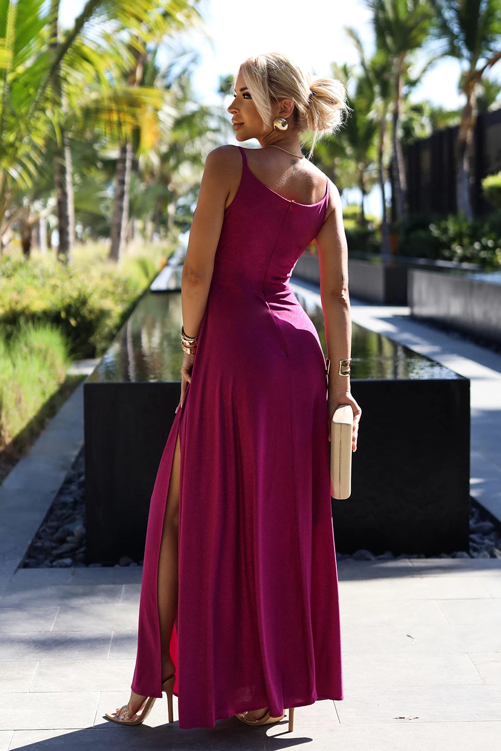 CHIARA elegant long maxi dress with straps – Fuchsia With Glitter
