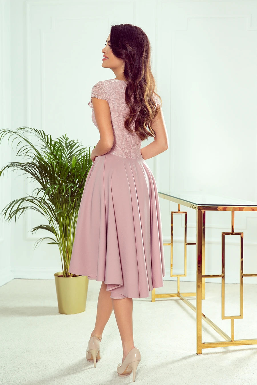 -SS2020 PATRICIA – dress with longer back with lace neckline – Powder Pink