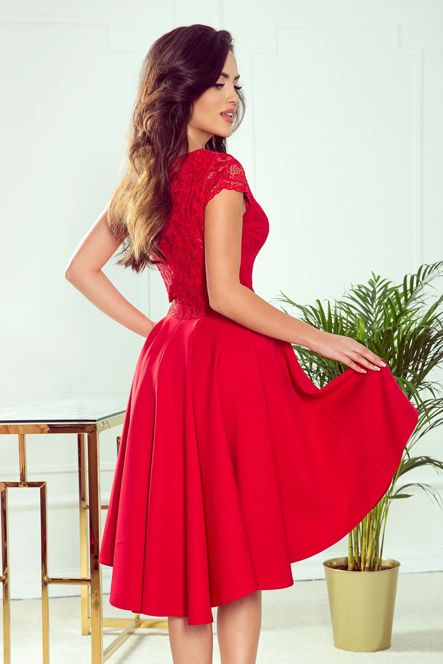 -SS2020 PATRICIA – dress with longer back with lace neckline – Red
