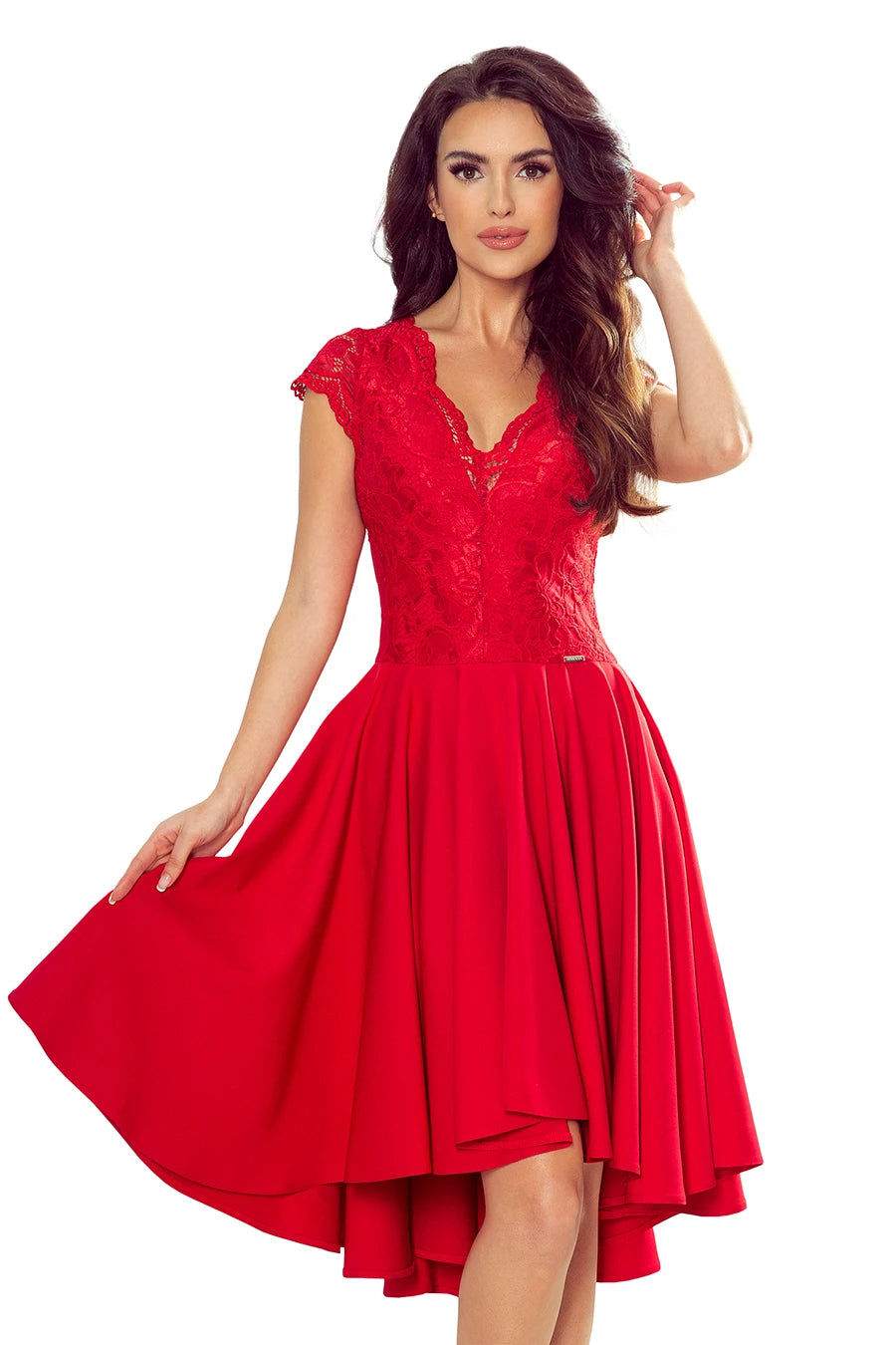 -SS2020 PATRICIA – dress with longer back with lace neckline – Red