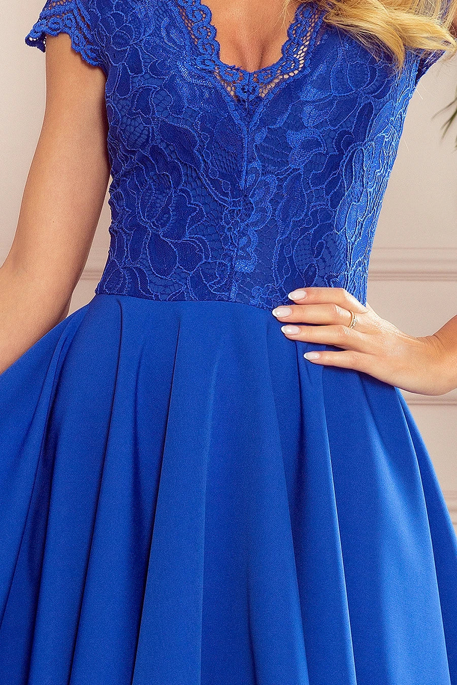 -SS2020 PATRICIA – dress with longer back with lace neckline – ROYAL BLUE