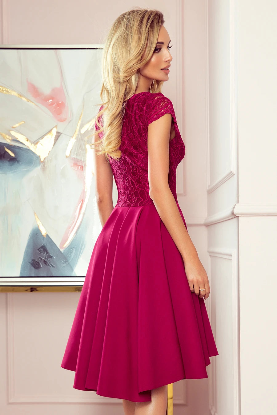 -SS2020 PATRICIA – dress with longer back with lace neckline – Burgundy Color
