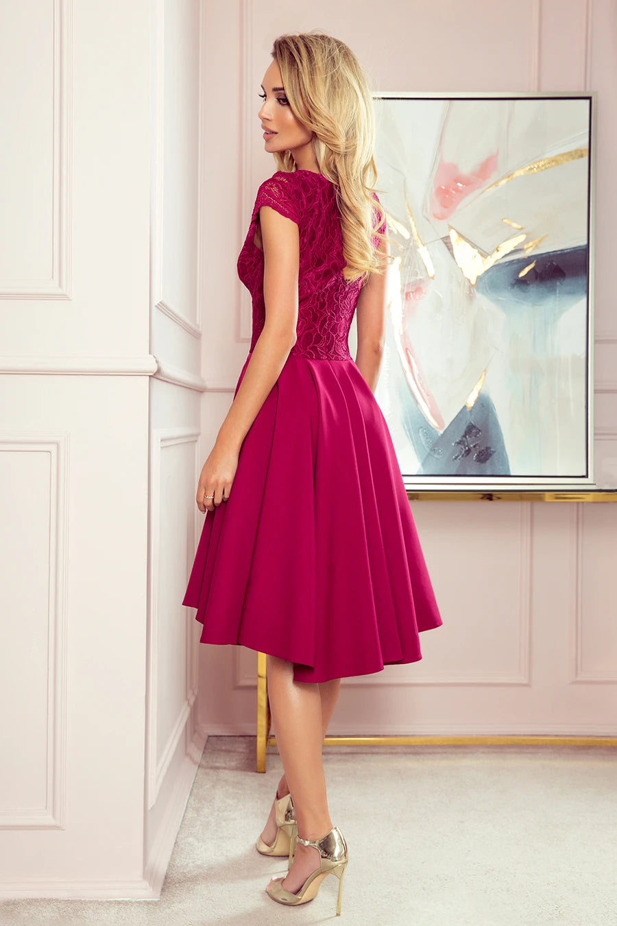 -SS2020 PATRICIA – dress with longer back with lace neckline – Burgundy Color