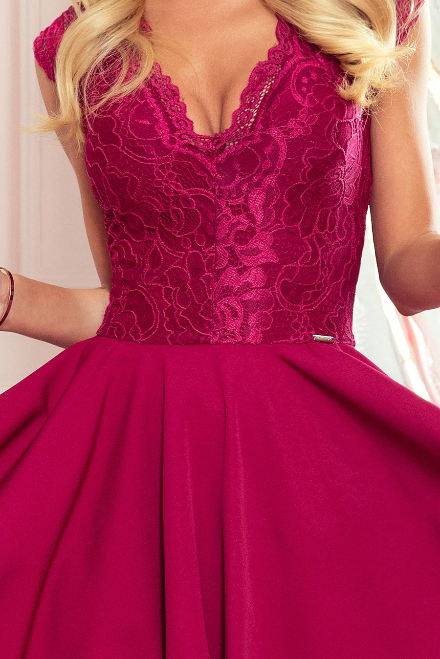 -SS2020 PATRICIA – dress with longer back with lace neckline – Burgundy Color