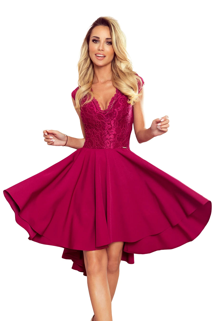 -SS2020 PATRICIA – dress with longer back with lace neckline – Burgundy Color
