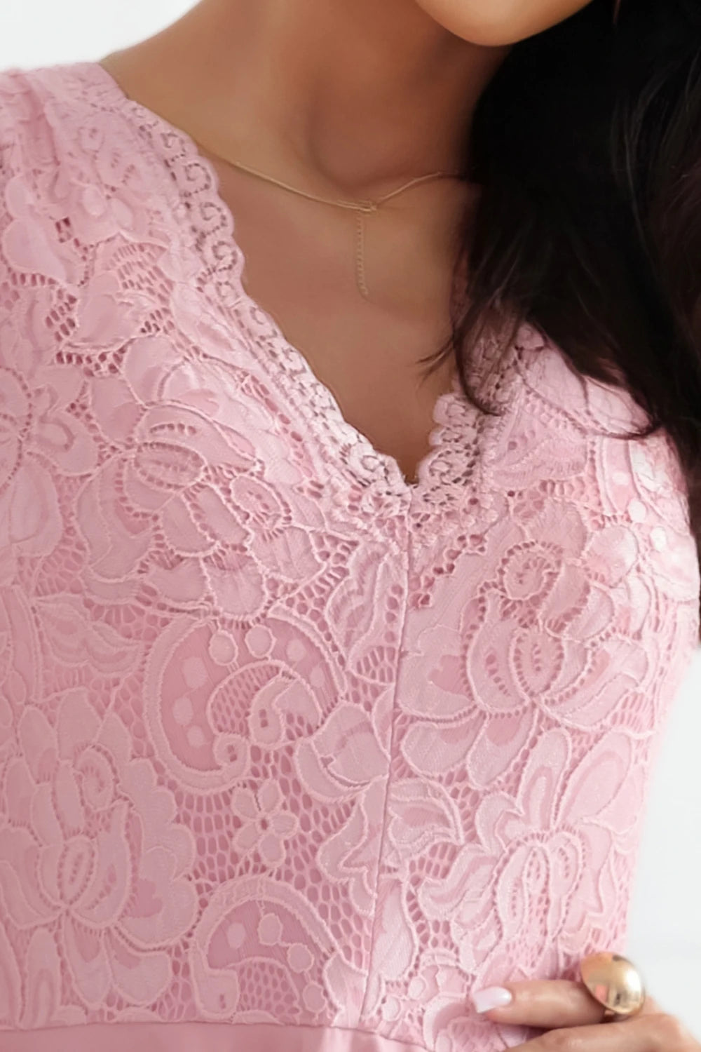 PATRICIA dress with longer back with lace neckline – Powder Pink