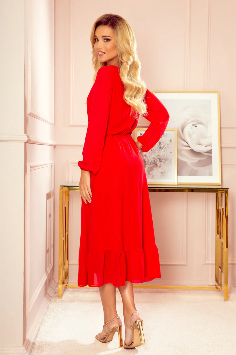 Limited Chiffon midi dress with a neckline and frill – Red