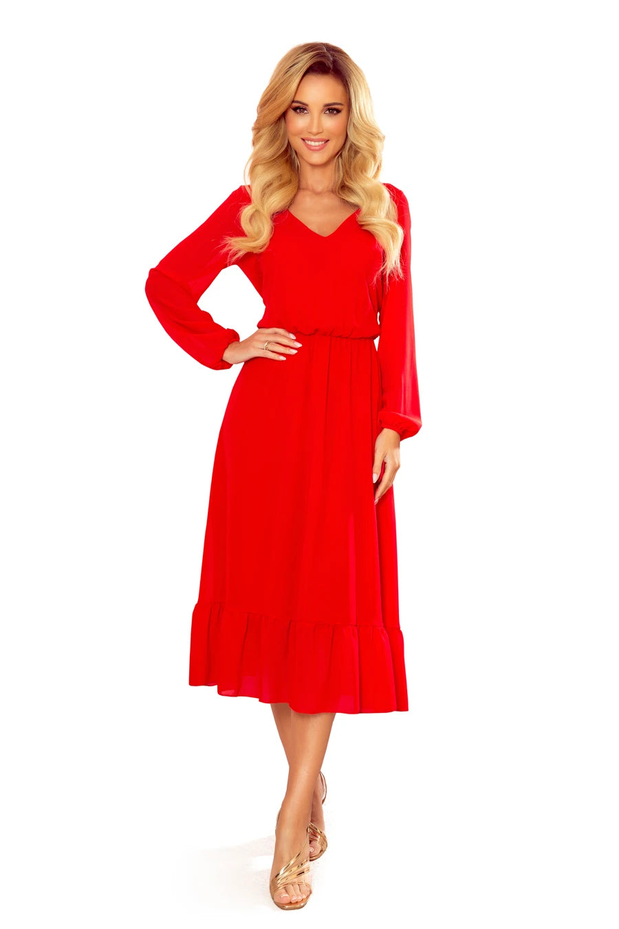Limited Chiffon midi dress with a neckline and frill – Red