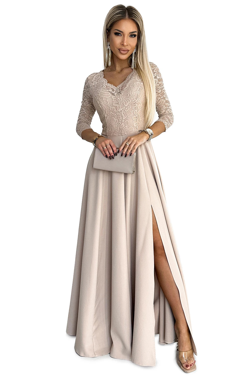 AMBER lace, elegant long dress with a neckline and leg slit – Beige