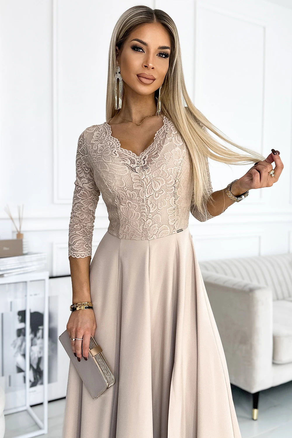 AMBER lace, elegant long dress with a neckline and leg slit – Beige