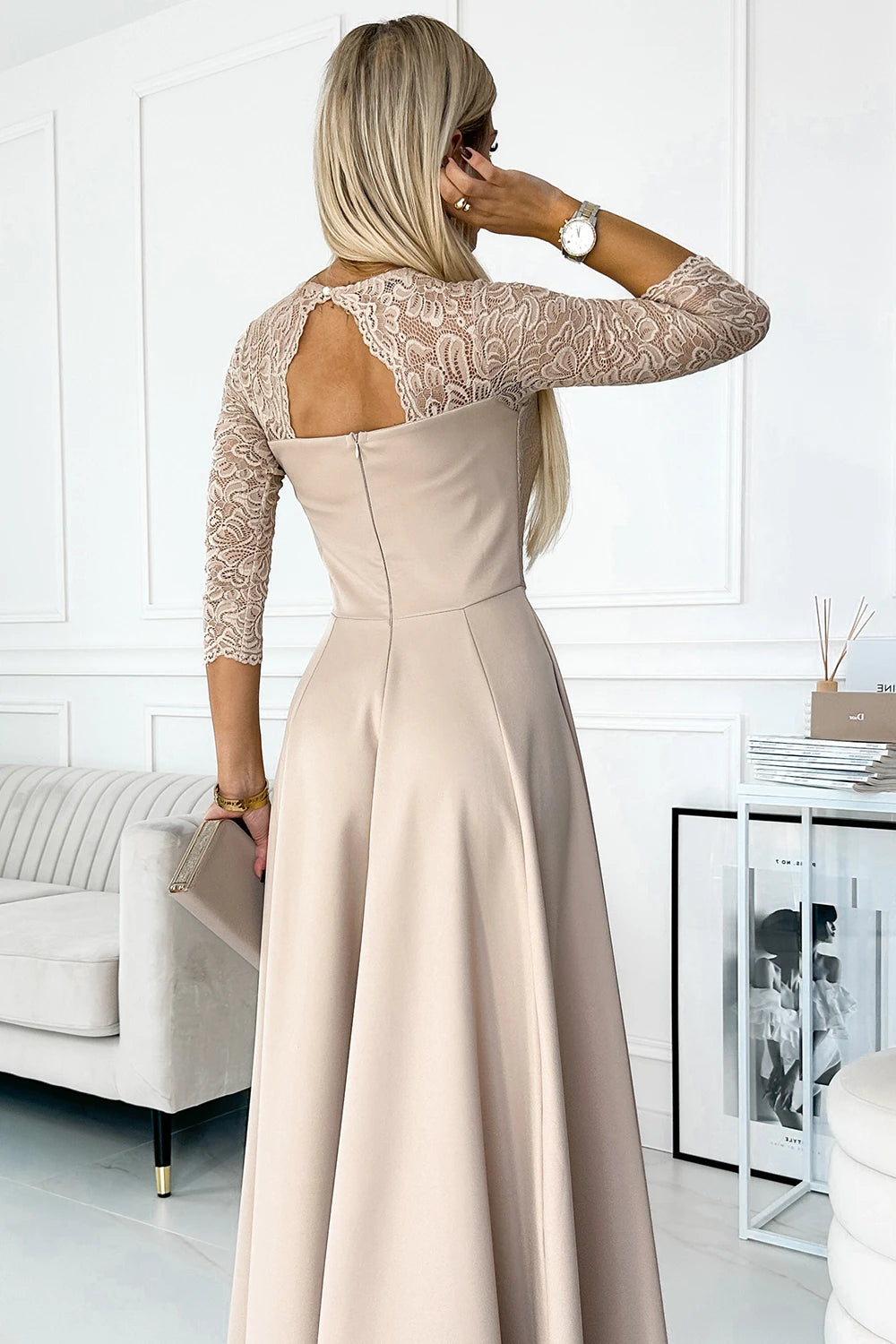 AMBER lace, elegant long dress with a neckline and leg slit – Beige