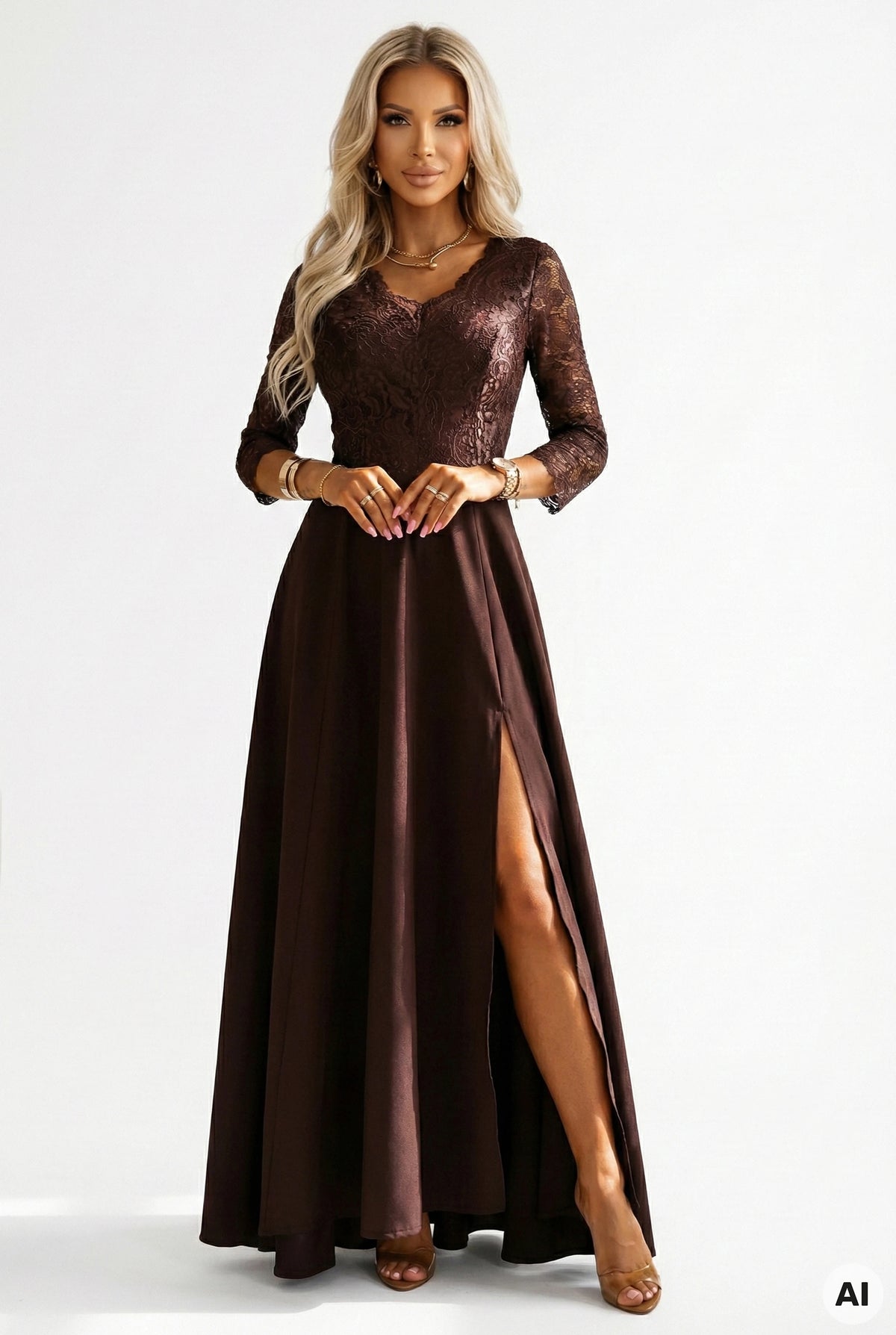 AMBER elegant long lace dress with a neckline – Chocolate