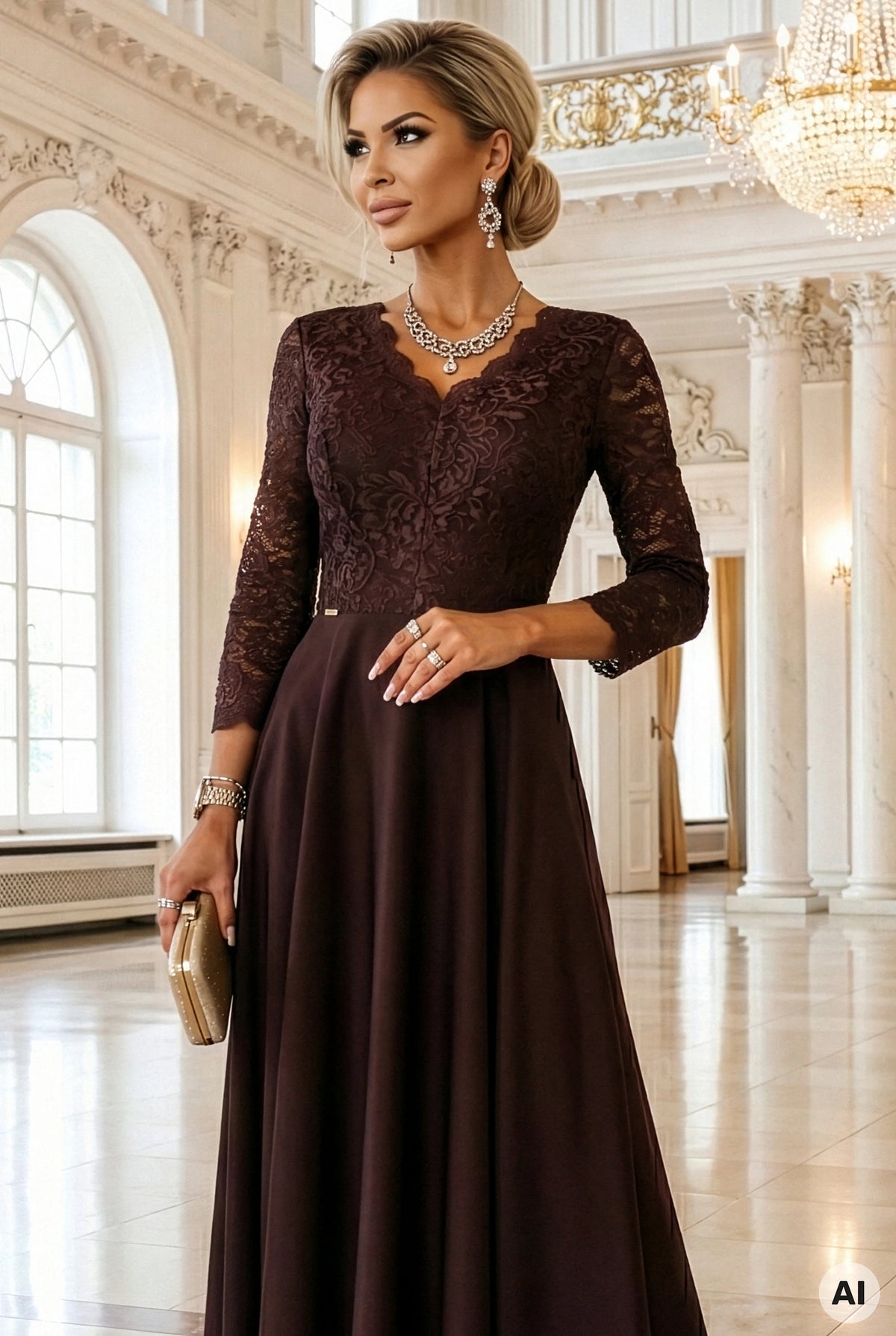 AMBER elegant long lace dress with a neckline – Chocolate
