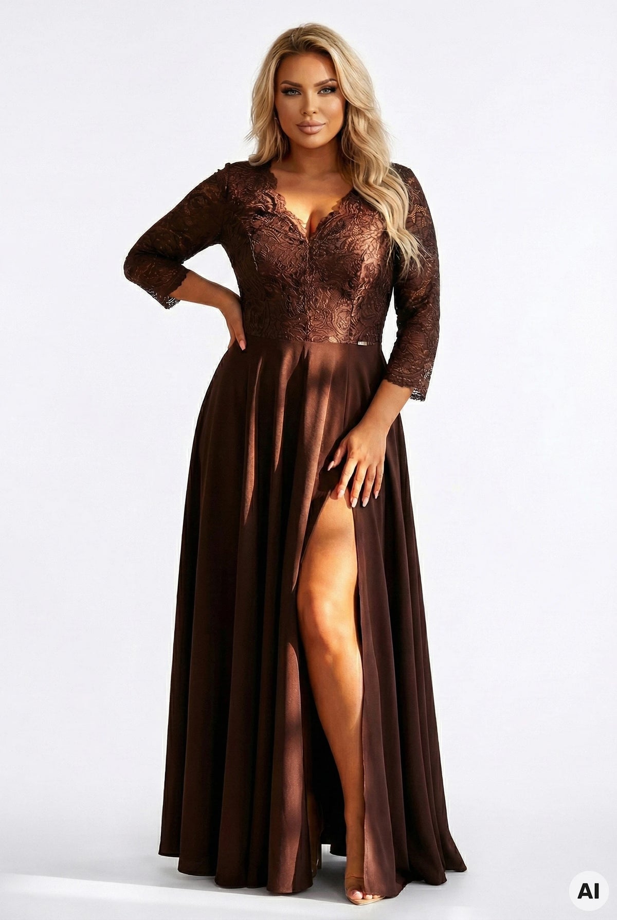 AMBER elegant long lace dress with a neckline – Chocolate