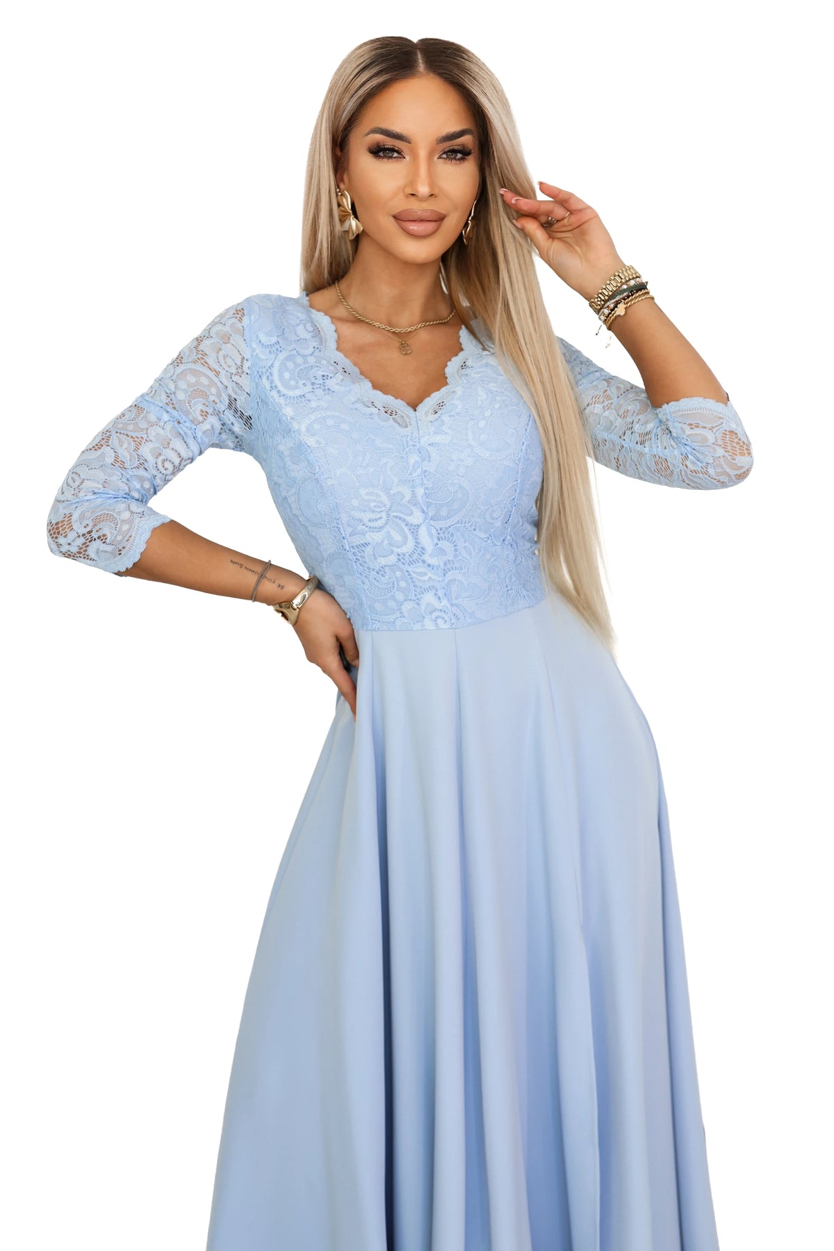 AMBER Elegant Long Lace Gown with Neckline – Sky Blue