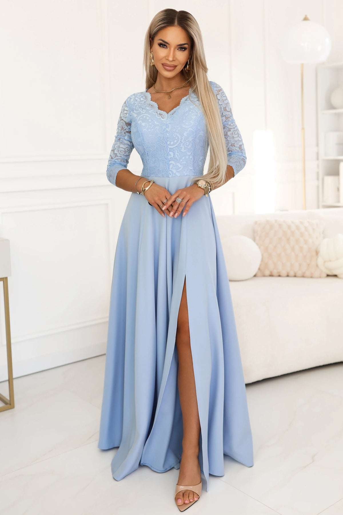AMBER Elegant Long Lace Gown with Neckline – Sky Blue