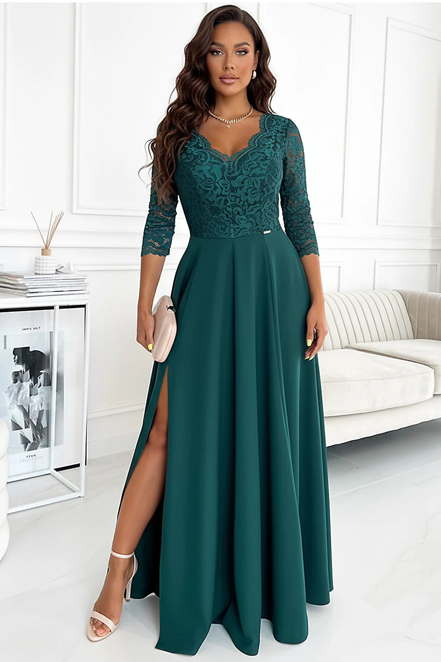 AMBER elegant lace long dress with a neckline – Green