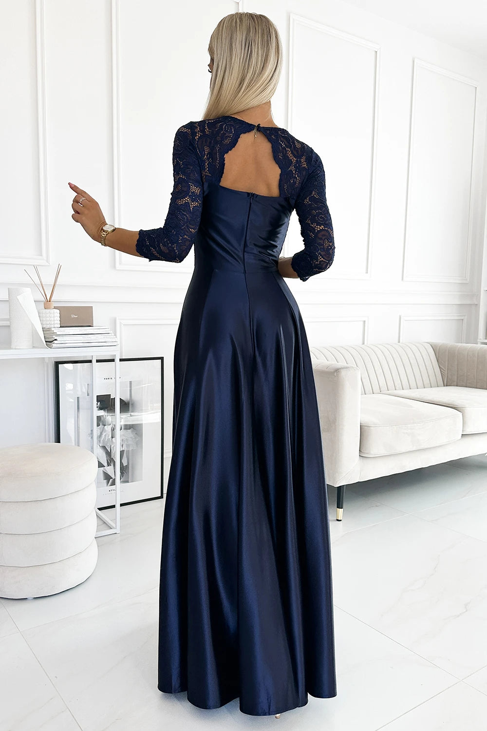 AMBER Lace and Satin Maxi Dress – Dark Blue