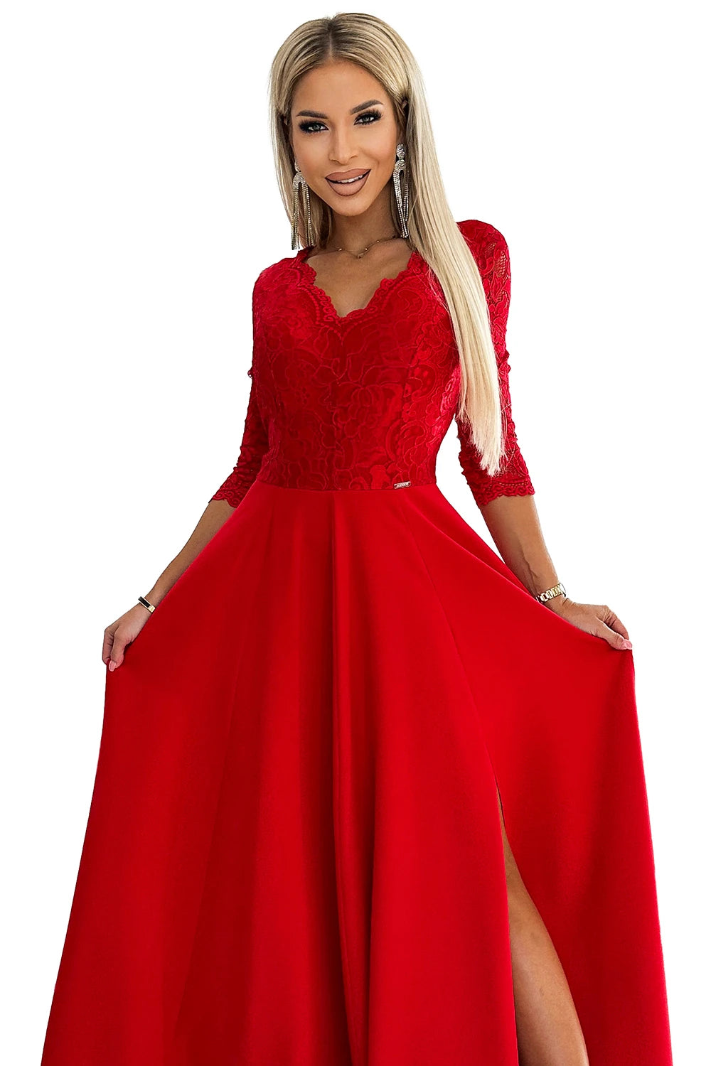 AMBER lace, elegant long dress with a neckline and leg slit – Red
