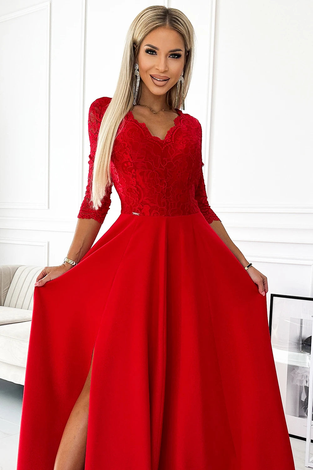 AMBER lace, elegant long dress with a neckline and leg slit – Red