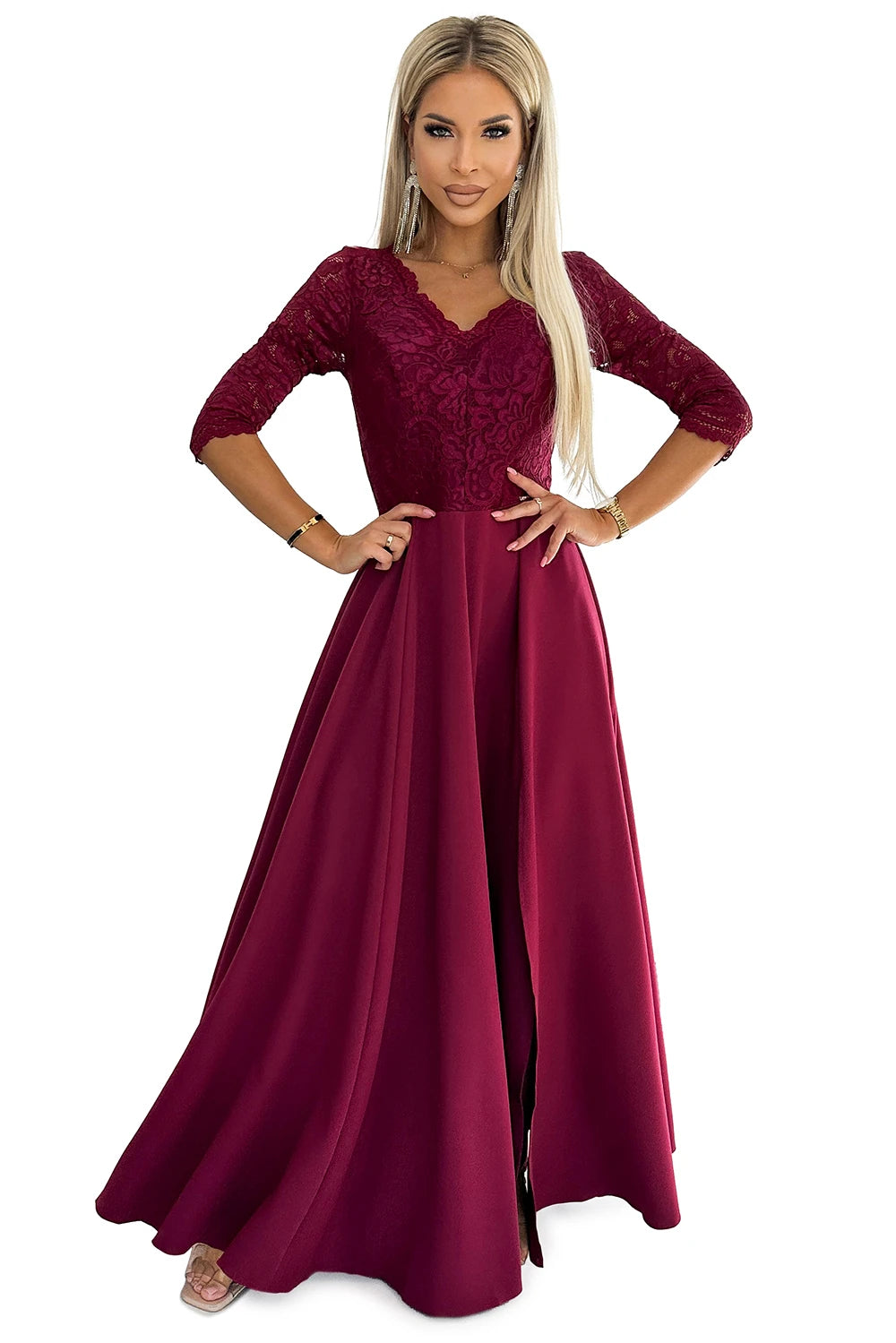 AMBER elegant long maxi dress with lace neckline – Burgundy