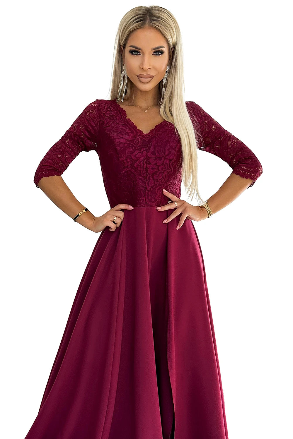 AMBER elegant long maxi dress with lace neckline – Burgundy