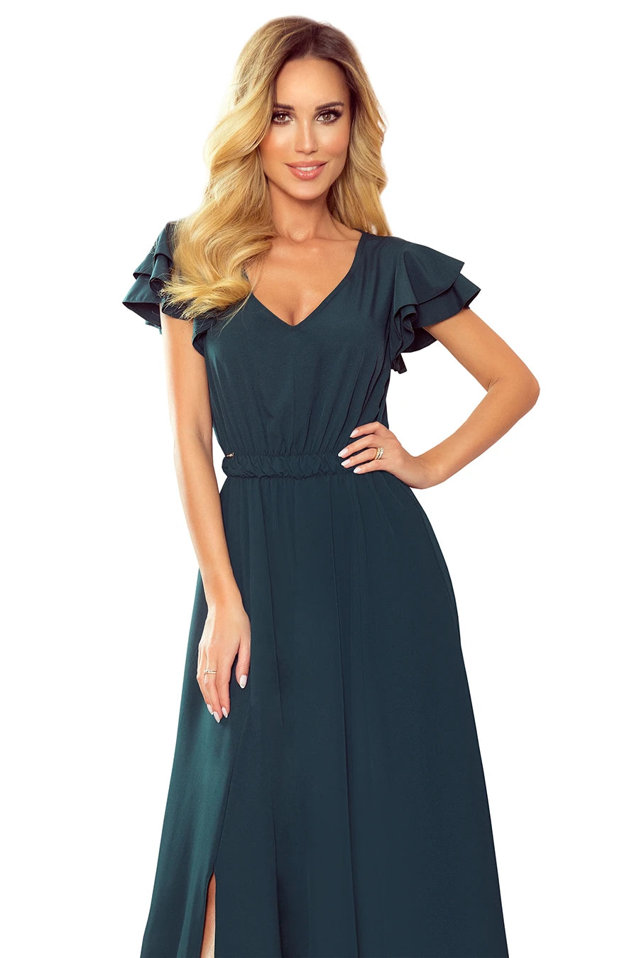 LIDIA long dress with neckline and frills – Green