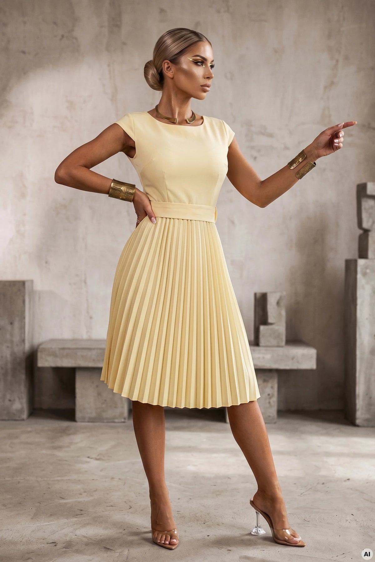 LILA Classic pleated dress with short sleeves and a belt – Butter Yellow